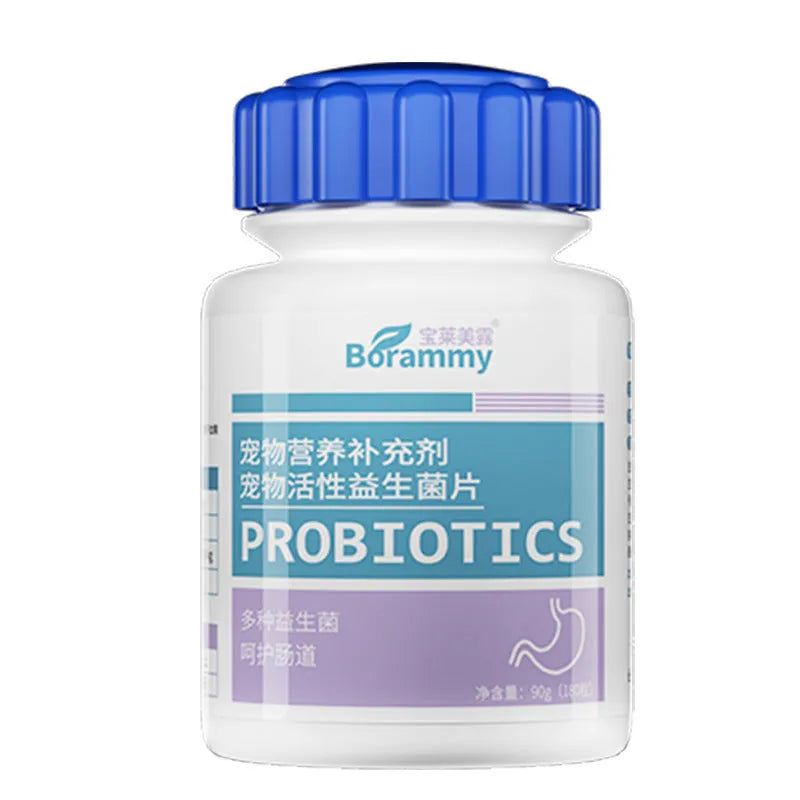 Bottle of 180-count pet probiotic tablets for dogs and cats digestive health supplement.