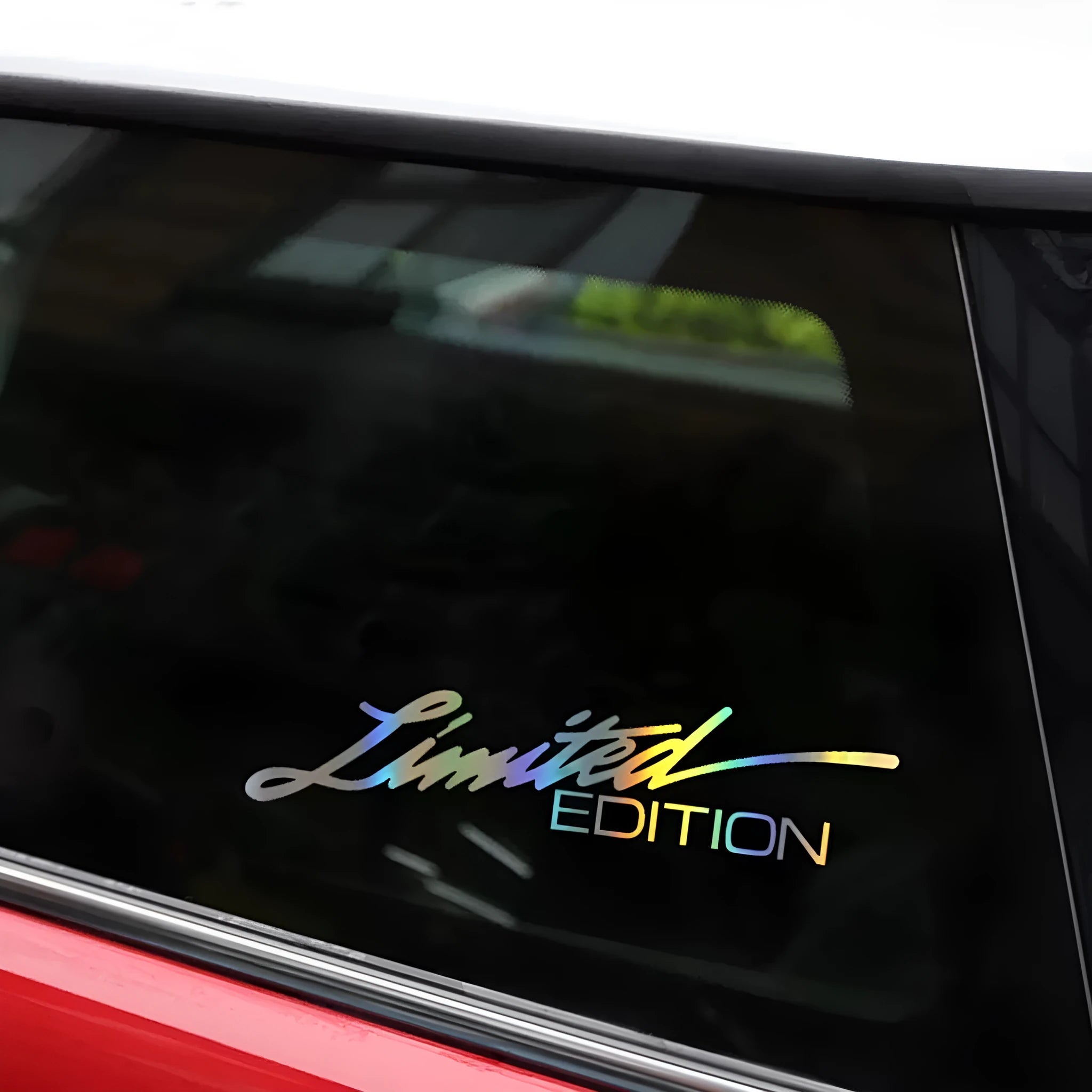 Black text laser reflective car sticker on vehicle surface