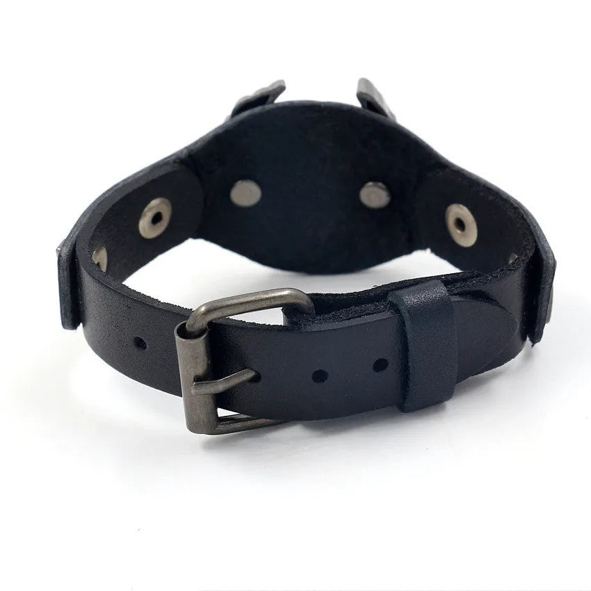 Black leather bracelet with a silver alloy eagle motif on a tapered band