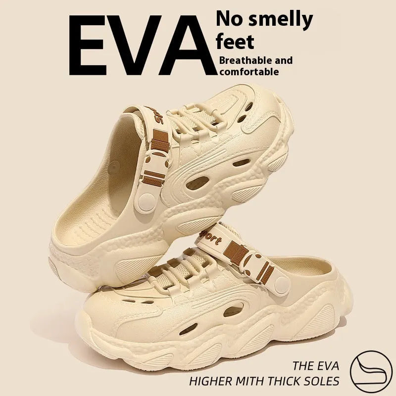 Men's khaki EVA slippers with hollow-out design and textured non-slip sole