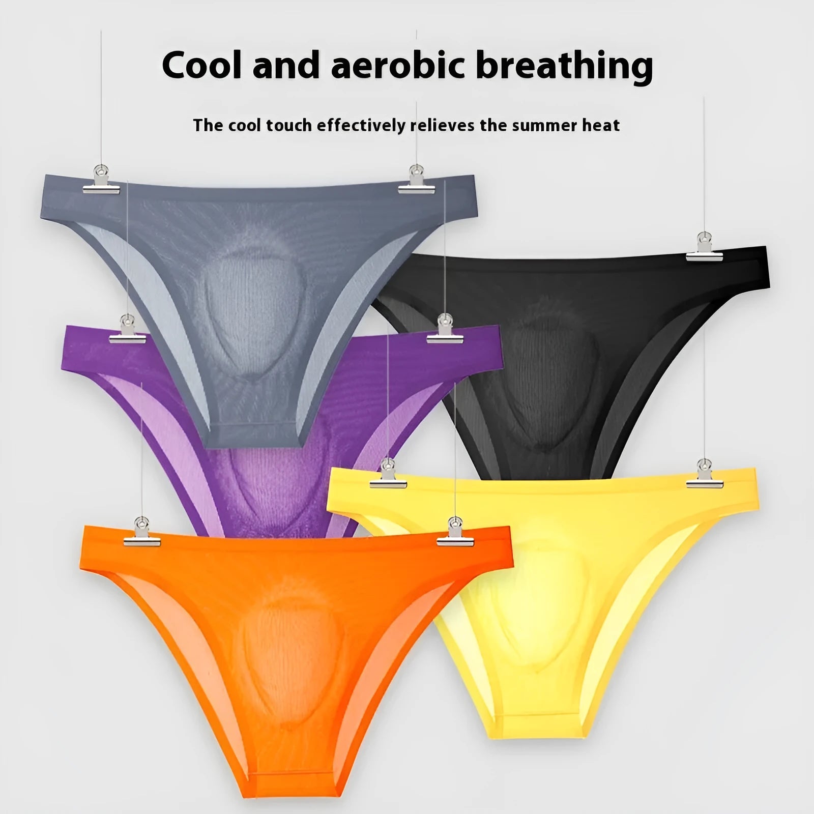 Seamless low waist ice silk briefs in black, showing ribbed texture and thin fabric