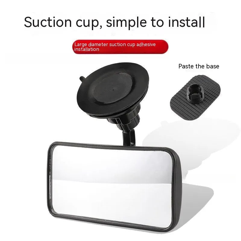 Black 360-degree rotating rearview mirror for cars shown with a large sucker mount for windscreen attachment.