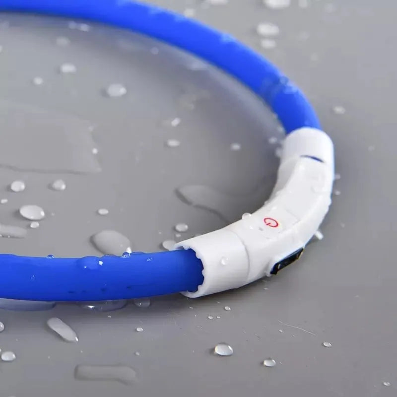 Blue LED pet light collar with cuttable silicone strip and USB charging cable, 50cm length