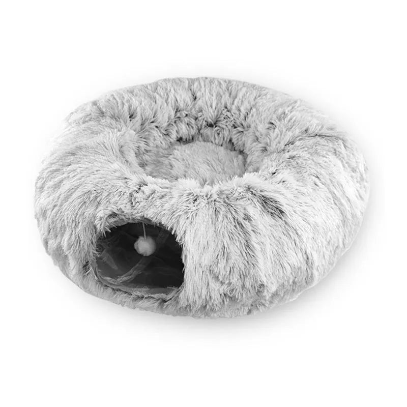 Plush collapsible cat bed with tunnel, non-slip base, and removable washable cushion for indoor pets