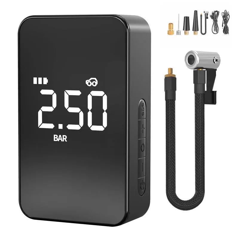 Black digital display wireless tyre inflator with LED light showing pressure reading on screen