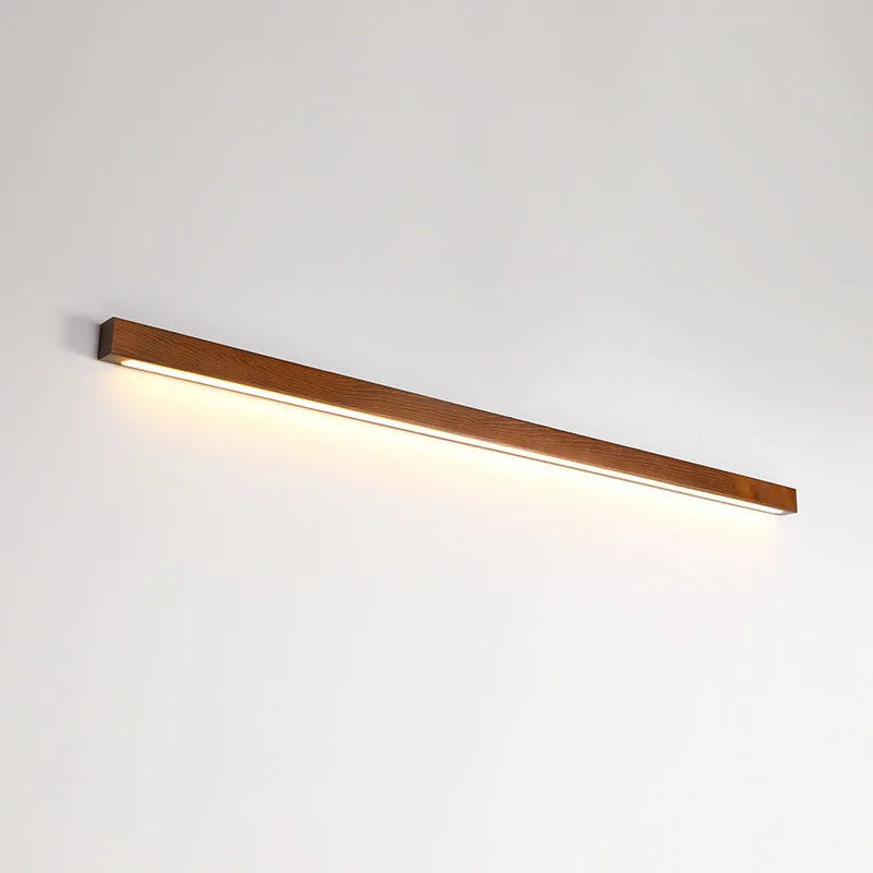 Walnut colour log strip wall lamp with LED lighting in modern minimalist design