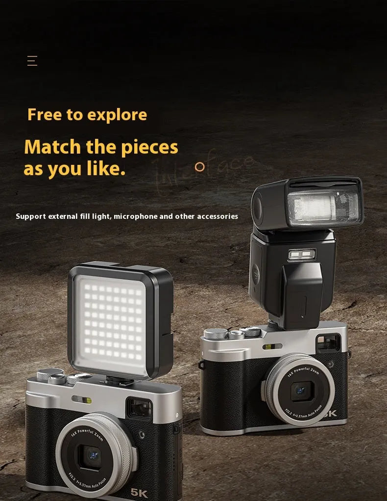 Black 5K HD digital camera with dual lenses and an optical viewfinder on a 2.88-inch screen.