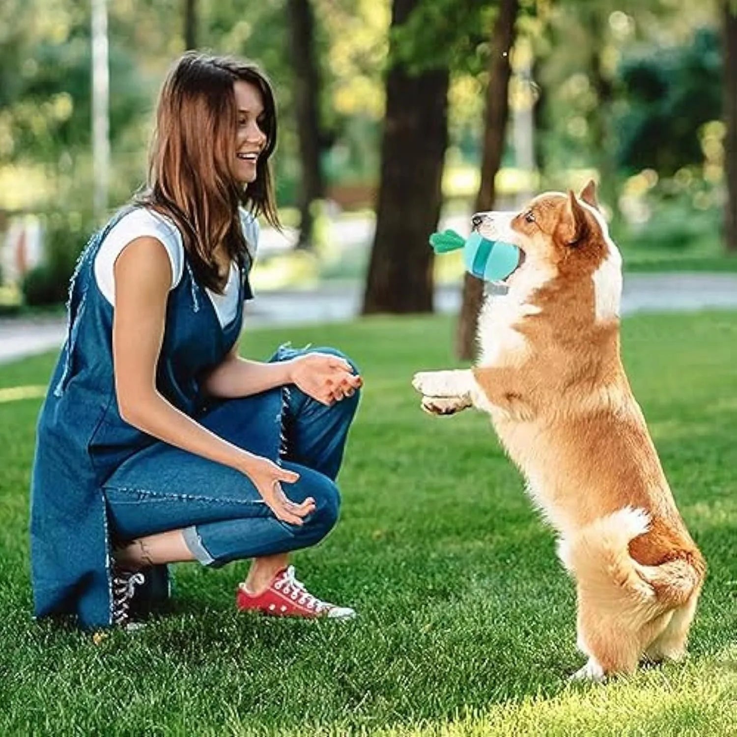Blue durable rubber dog toy with treat dispensing holes and tumbler design