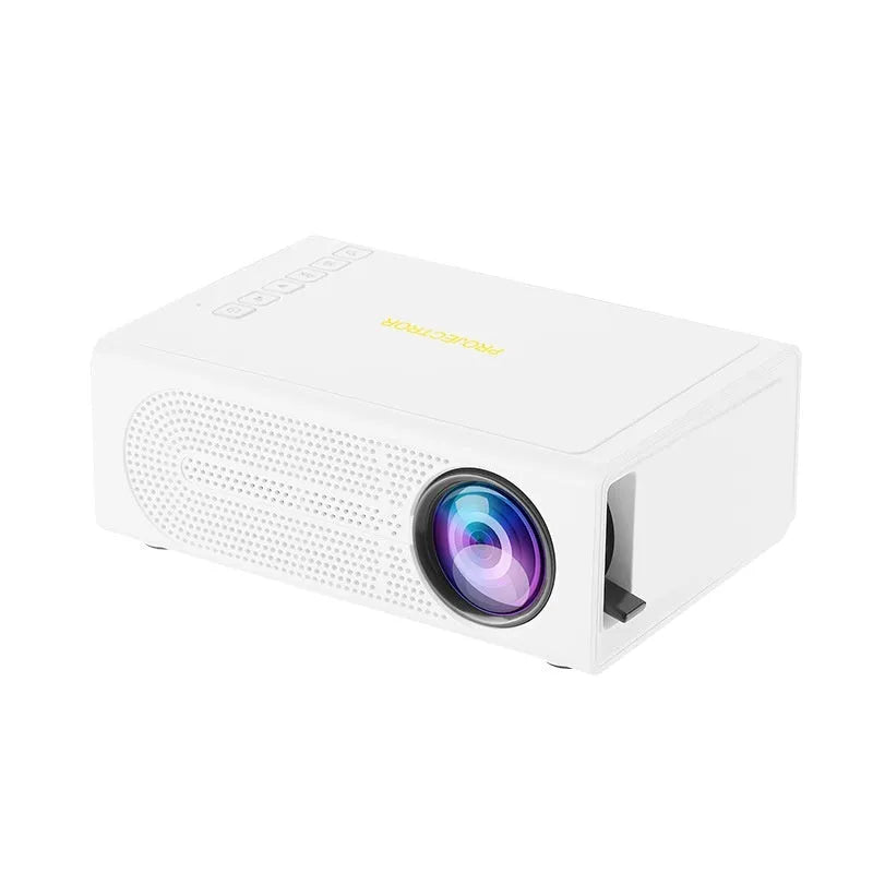 Portable mini projector in black or white colour with wired smartphone connection for screen mirroring