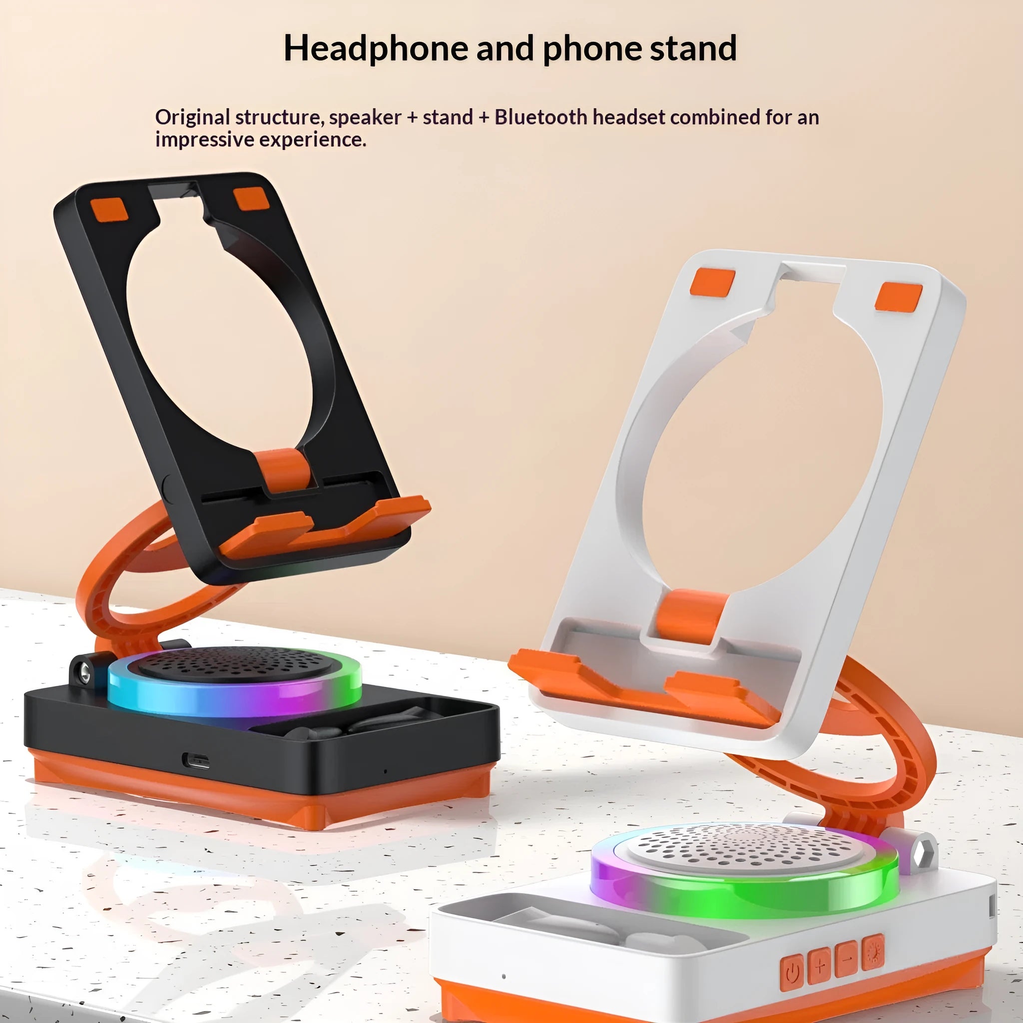 TF27BOX multifunctional mobile phone holder in black with built-in speaker and phone placed in cradle