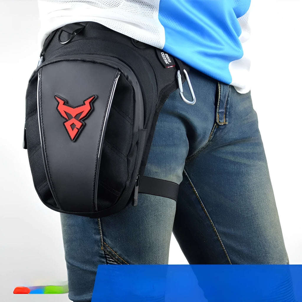 Motorcycle rider leg bag in 1200D Oxford cloth, shown in blue, mounted on a leg.