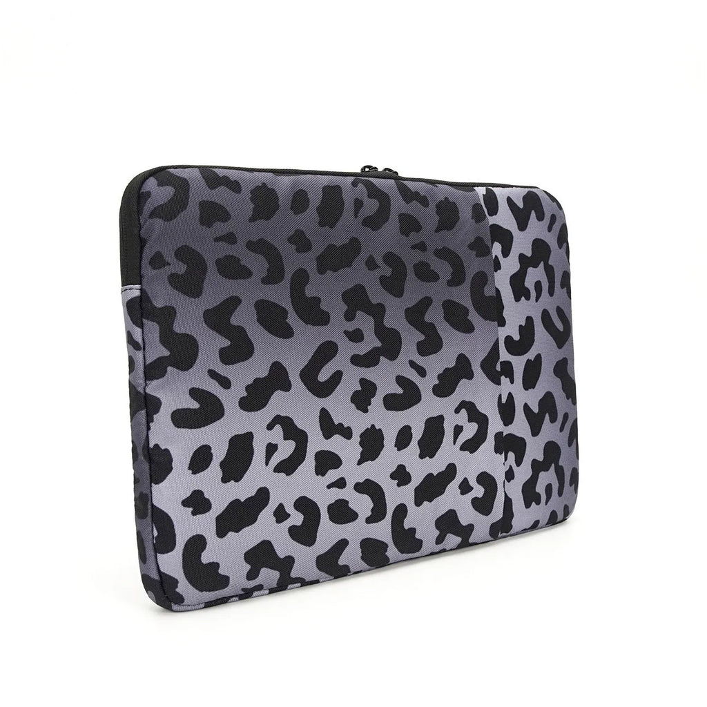 Leopard print laptop sleeve open to show flannel lining, suitable for 13-inch to 16-inch laptops