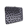 Leopard print laptop sleeve open to show flannel lining, suitable for 13-inch to 16-inch laptops