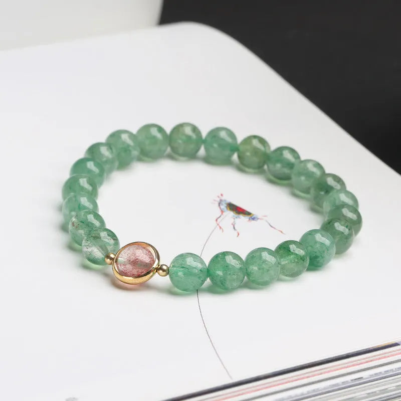 Green strawberry quartz hand-woven bracelet with 7.5mm stones and geometric Chinese patterns