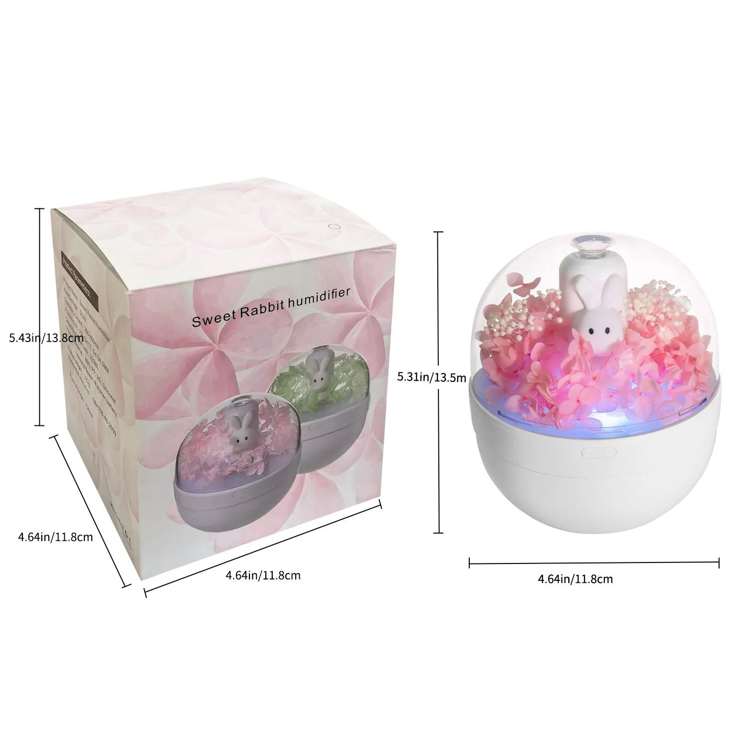 Pink rabbit-shaped aromatherapy humidifier with preserved flowers on top, USB powered for bedroom use.