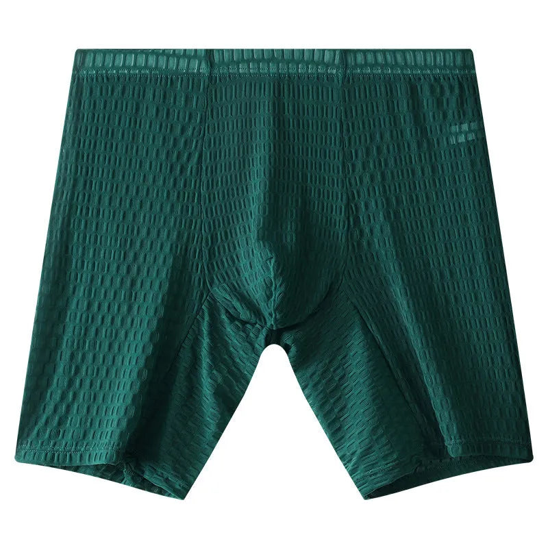 A pair of transparent men's lace boxers in a lengthened cut on a mid waist, shown in one of five available colours.