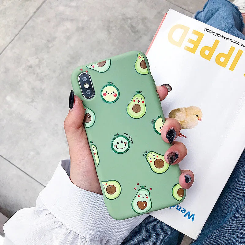 Green cartoon avocado design on a black TPU phone case for Apple iPhone.