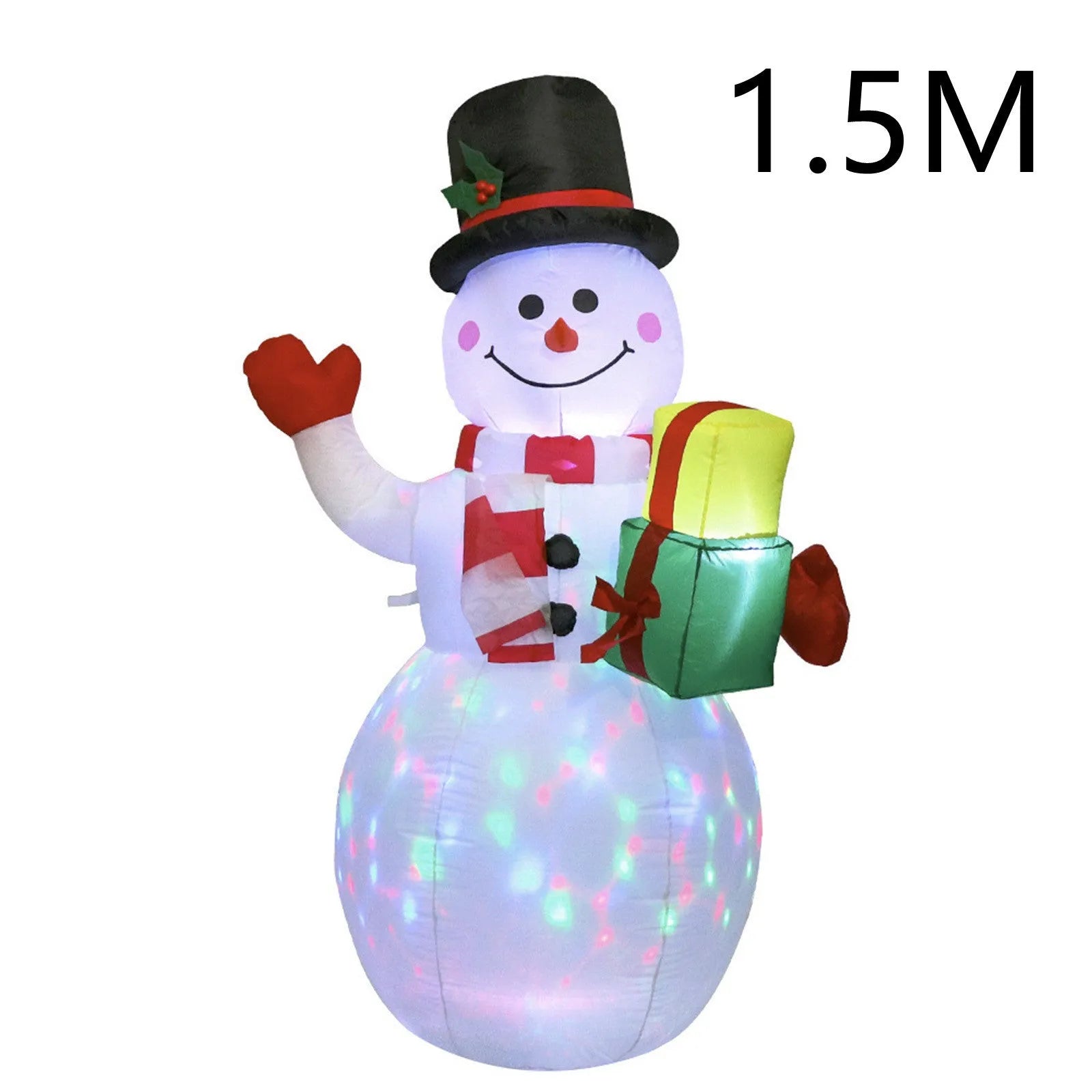 Glowing LED inflatable Christmas decorations including Santa, snowman, and a Christmas tree for outdoor garden use.