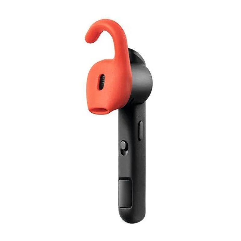Behind-the-ear Bluetooth earphones showing black and silvery colour options with dual-phone connectivity features
