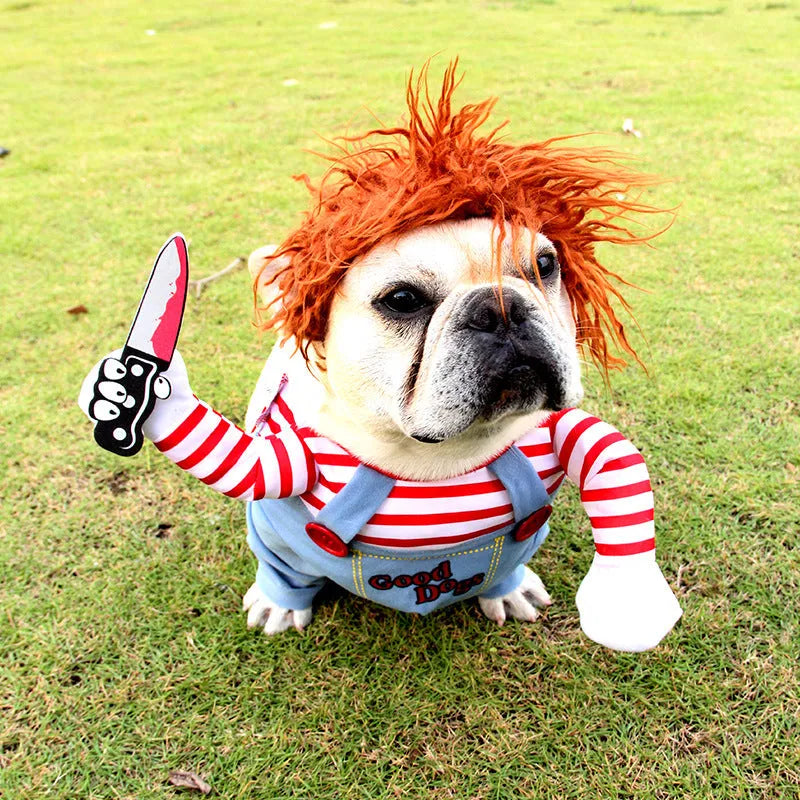Red polyester adjustable Halloween dog costume with wig and foam knife for pet cosplay parties