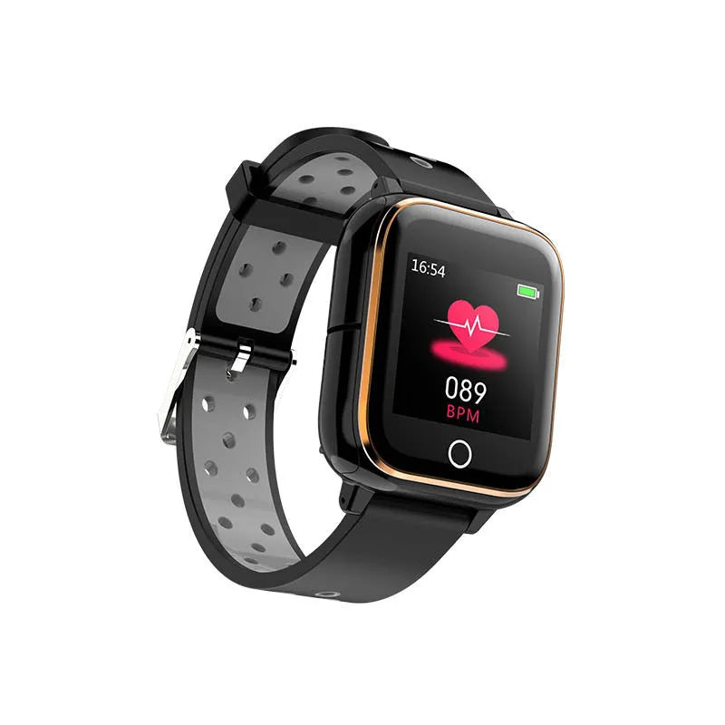 Black smart watch with integrated Bluetooth earbuds stored in the case, showing heart rate tracking on screen.