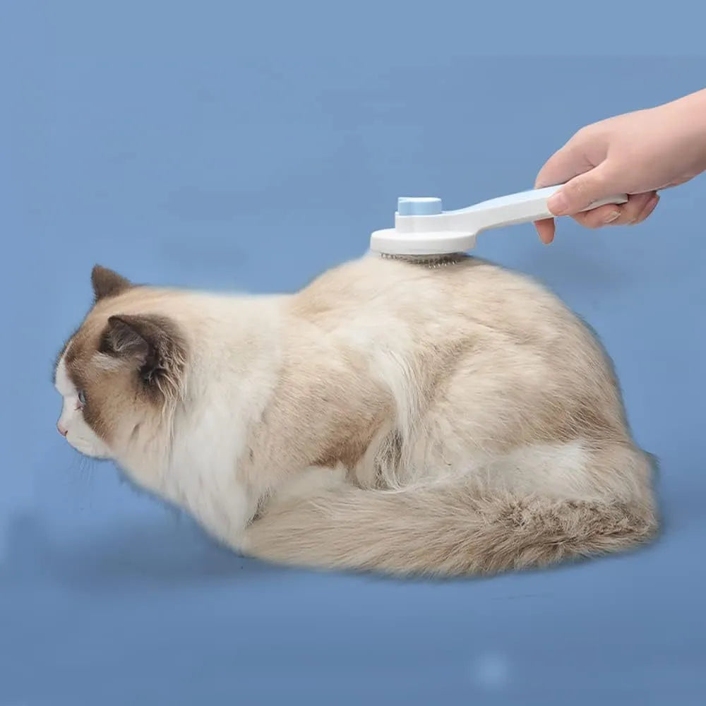 Self-cleaning cat brush with blue handle and rubber-tipped metal pins