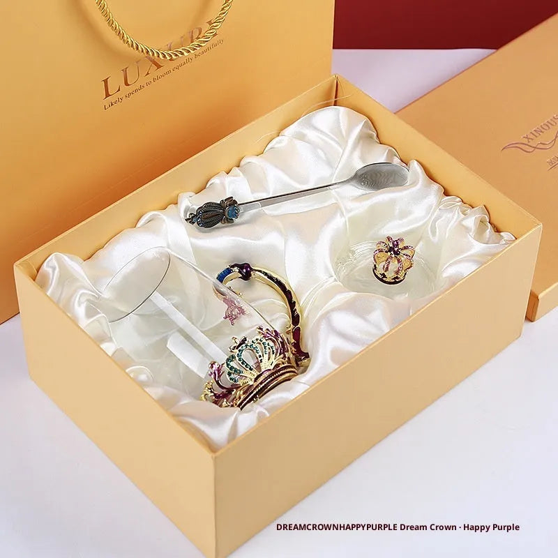 Household enamel cup crown flower tea cup set with heat-resistant glass cup, spoon, lid, and plate, round shape, 301-400ml