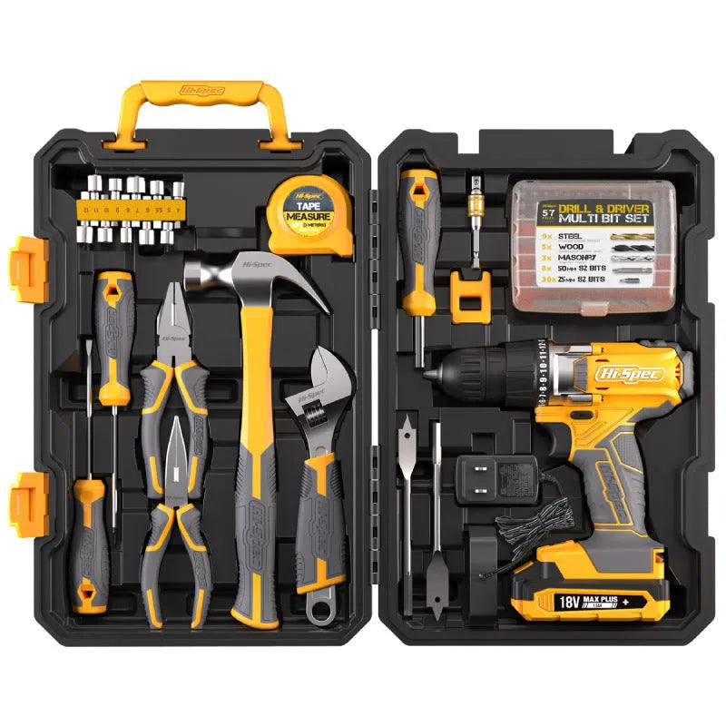 Grey-yellow US style case open to show 82-piece chrome-vanadium steel tool set for home repair