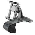 Black 360-degree rotating car phone holder with an adjustable width cradle on a car dashboard.