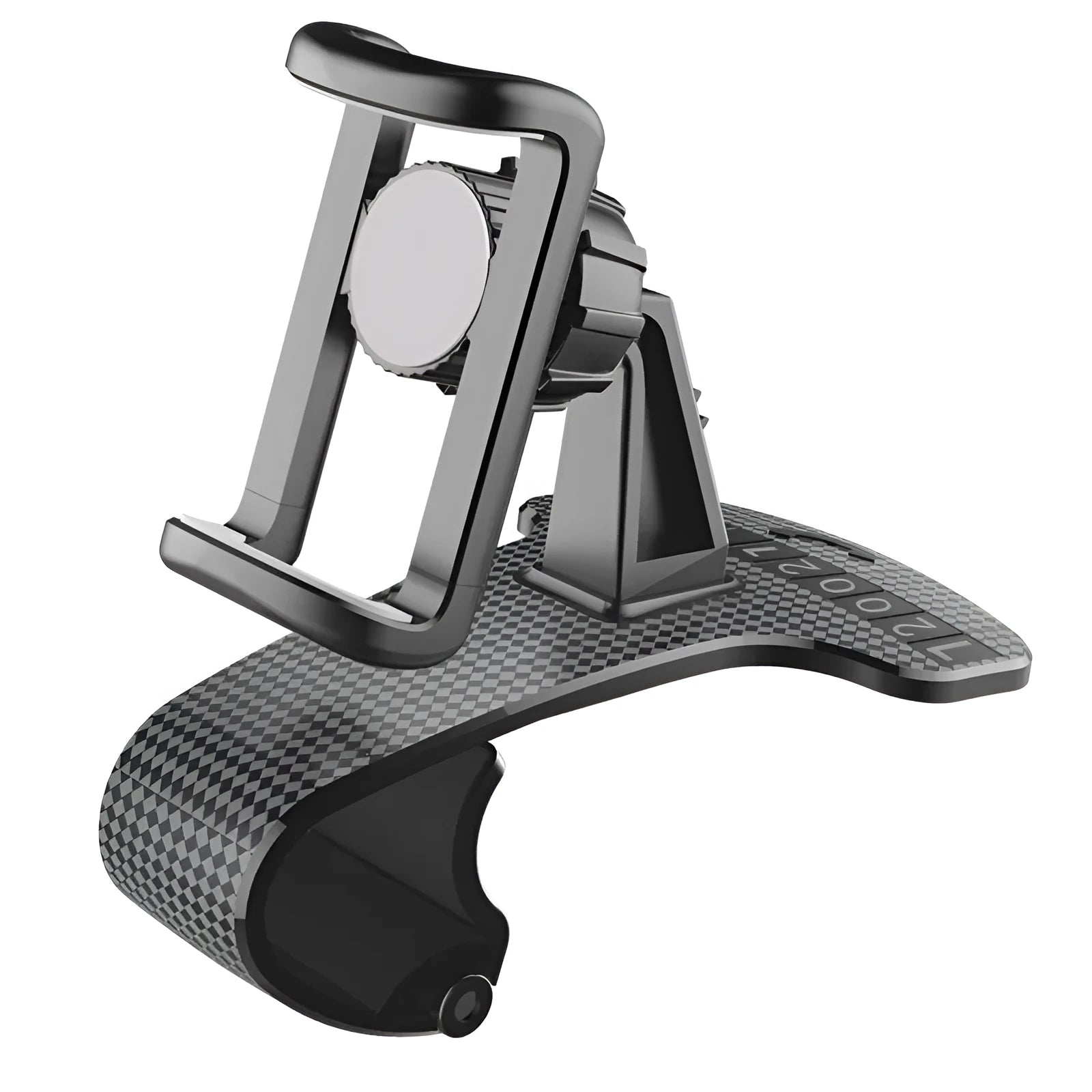 Black 360-degree rotating car phone holder with an adjustable width cradle on a car dashboard.