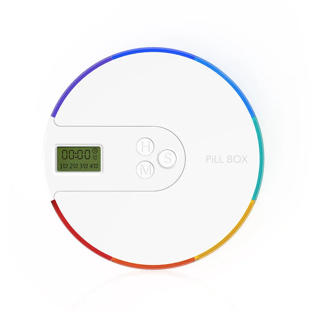 Blue 7-day pill organiser with digital alarm clock display and timer buttons