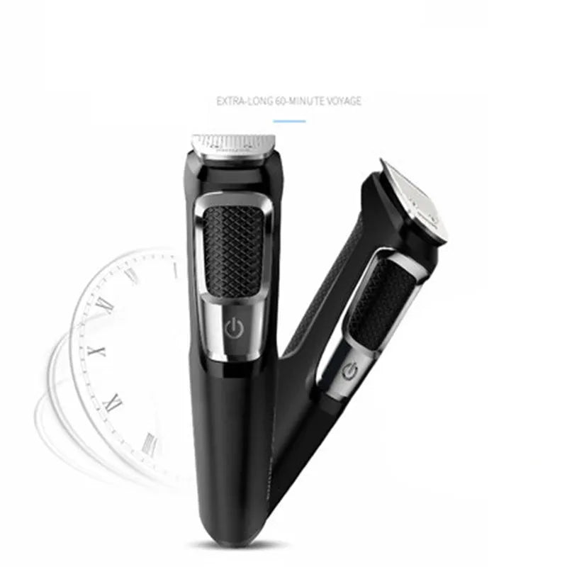 Rechargeable nose and beard hair clippers with a cleaning brush on a white background.