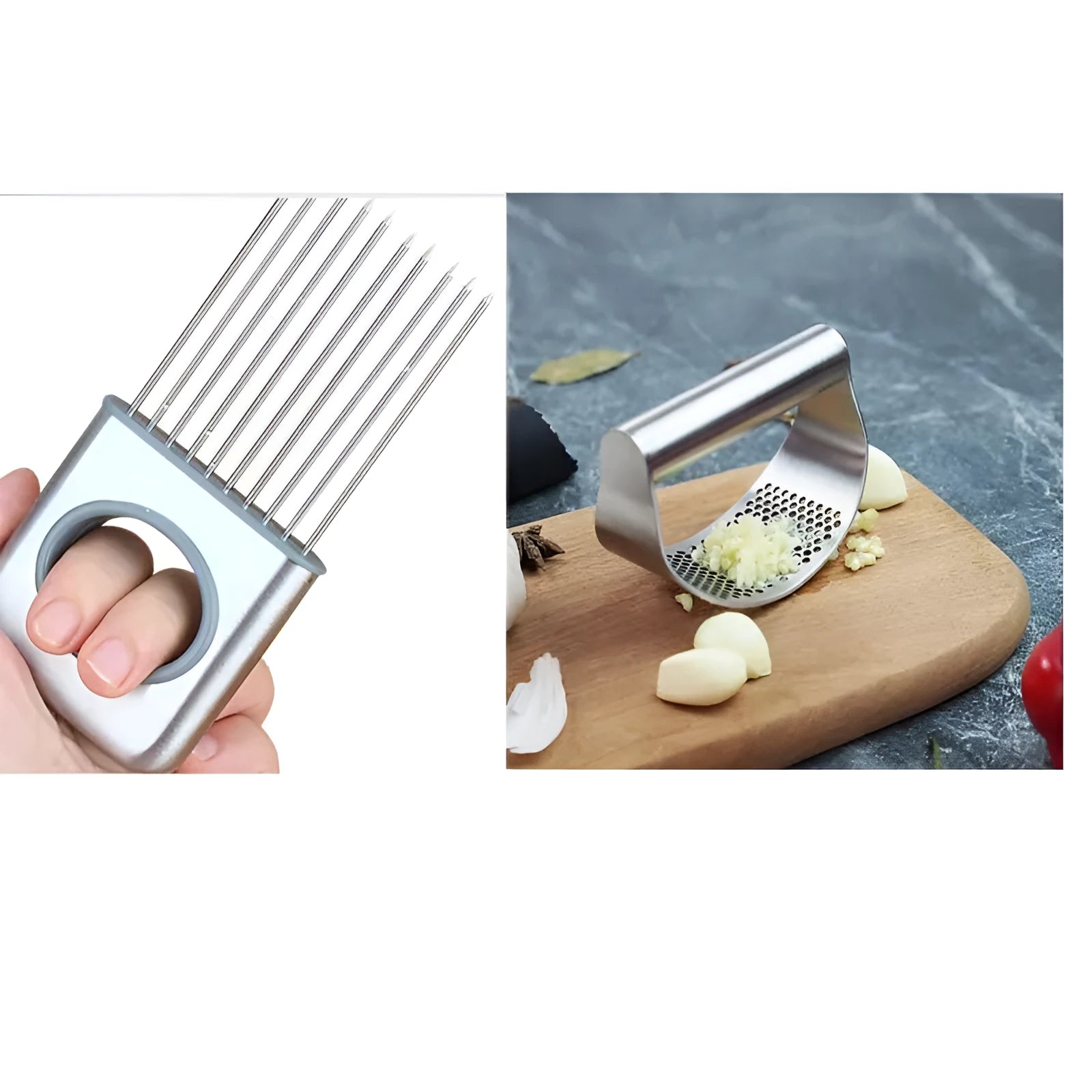 Stainless steel onion fork kitchen tool with a PP handle and fine pressing holes.