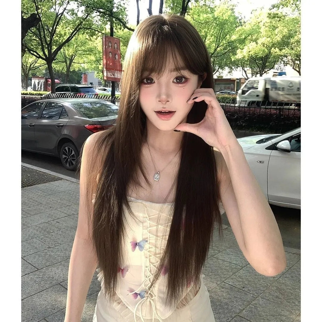 Brown black high-temperature fibre wig with wear-free hair net base
