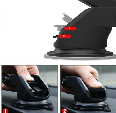 Black universal telescopic car phone bracket mounted on dashboard holding smartphone
