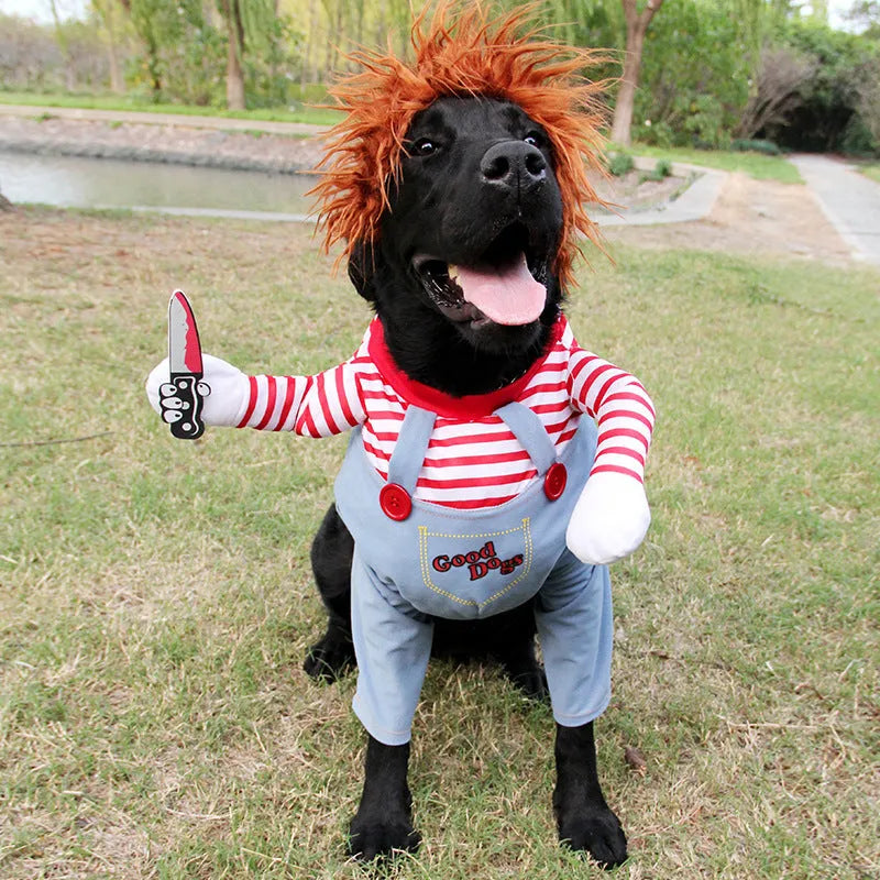 Red polyester adjustable Halloween dog costume with wig and foam knife for pet cosplay parties