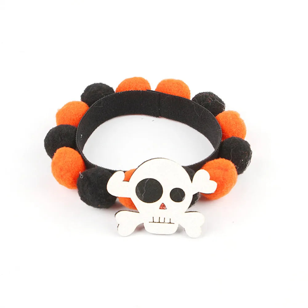 Halloween pet collar with fur ball decoration in pumpkin, pirate, bow, skull and witch designs