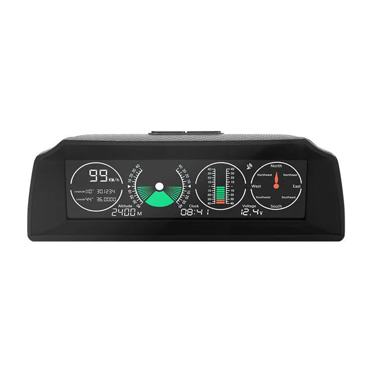 GPS GO 2 universal car head-up display with carbon fibre body on a dashboard showing speed and gradient data.