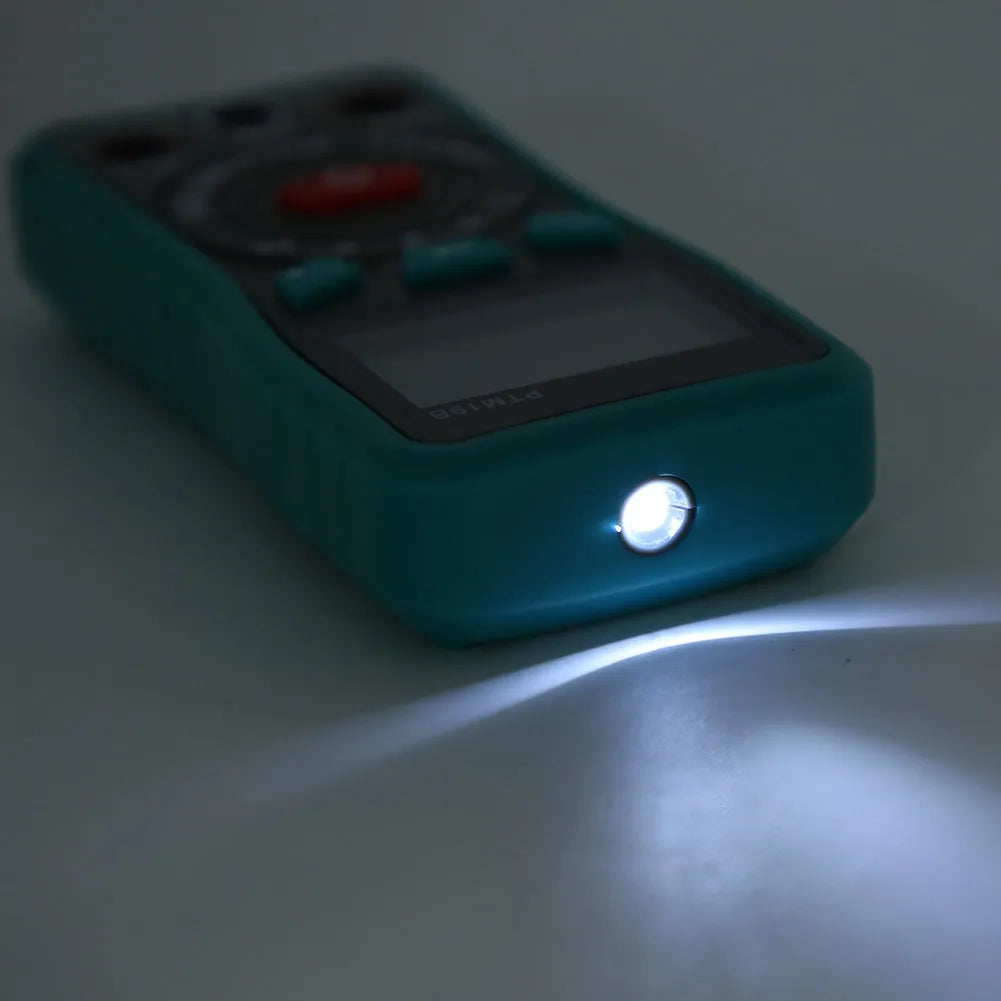 Green PTM automatic digital multimeter with LED display and rear bracket.