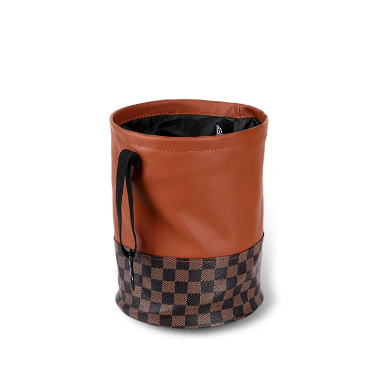 Retractable leather interior car trash can with handle in folded and extended positions