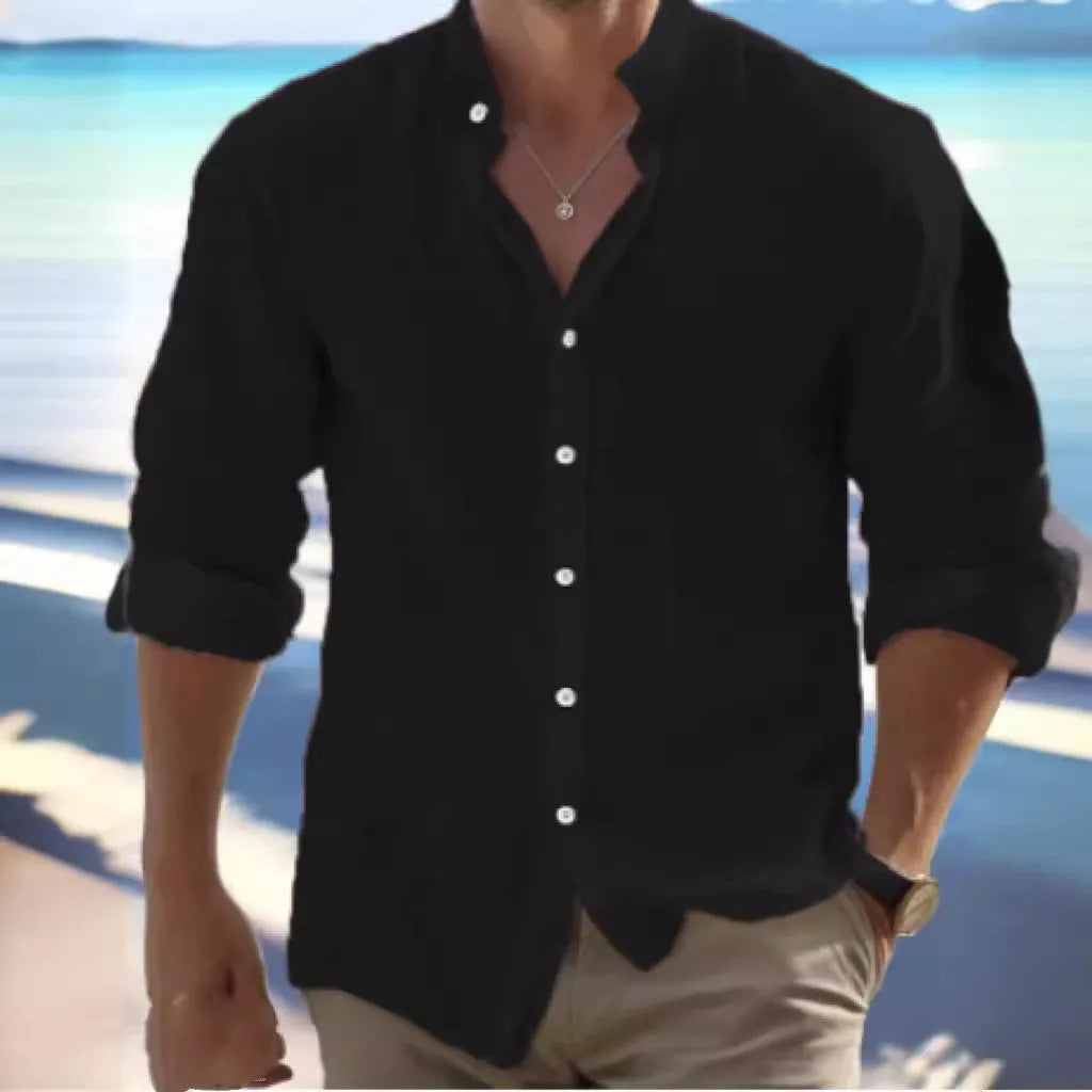 Men's casual linen button-up summer shirt in long-staple cotton on a hanger.