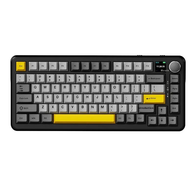 Black, grey, and yellow wireless mechanical keyboard with hot-swappable switches