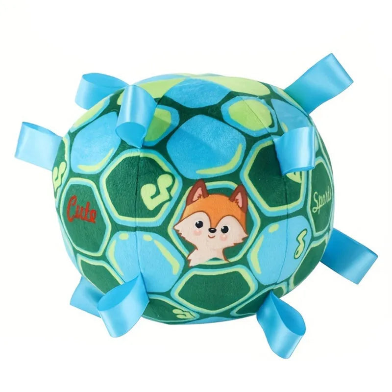 Green interactive ball dog toy with plush handle and bells for aggressive chewers