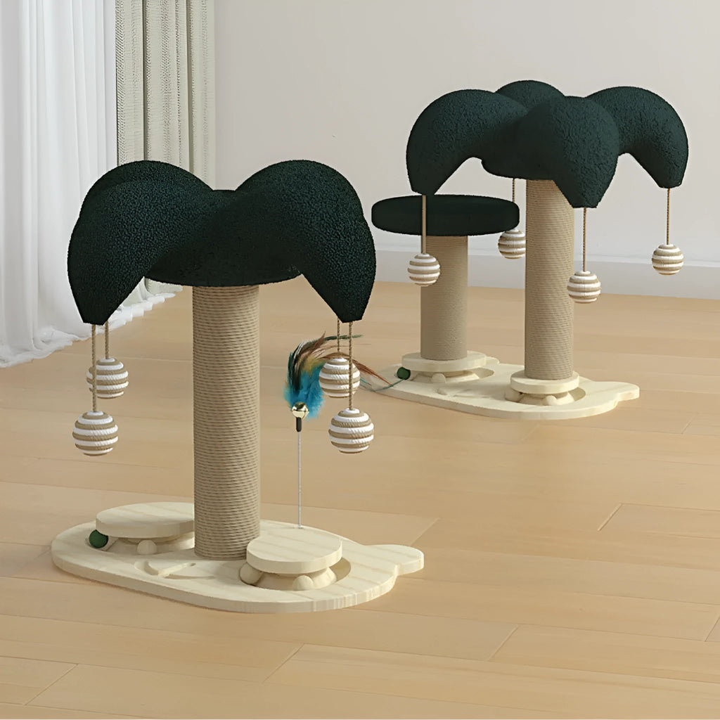 Solid wood cat scratching post with sisal rope and rotating turntable in decorative panda style design