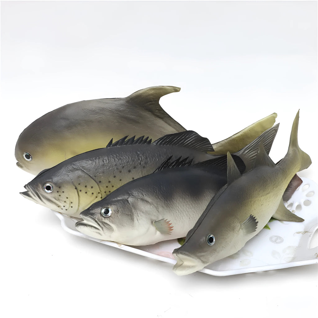Three PU simulated fish ornaments showing yellow-fin tuna, flower fish, and yellow croaker designs