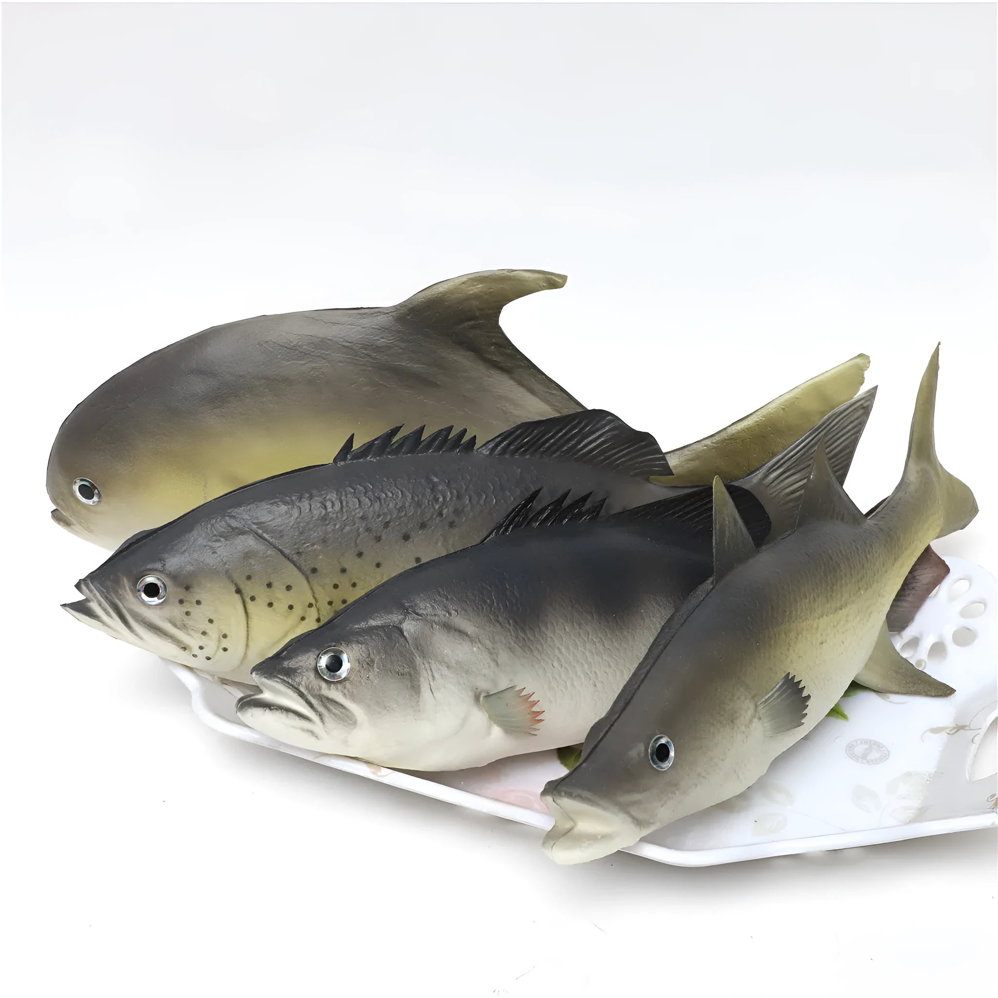 Three PU simulated fish ornaments showing yellow-fin tuna, flower fish, and yellow croaker designs