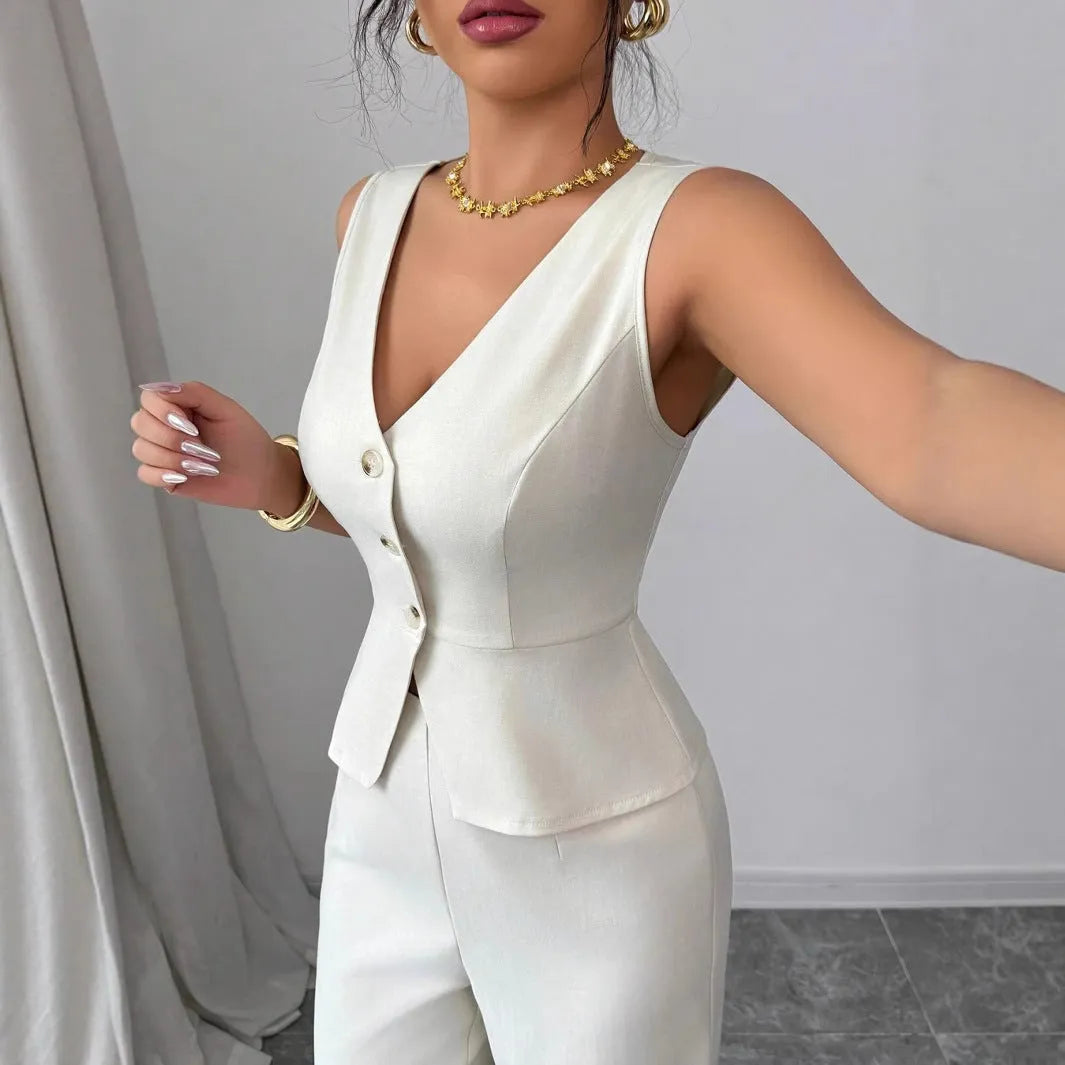 Women's sleeveless vest and high waist trousers two-piece set in solid colours, Japanese Korean casual style