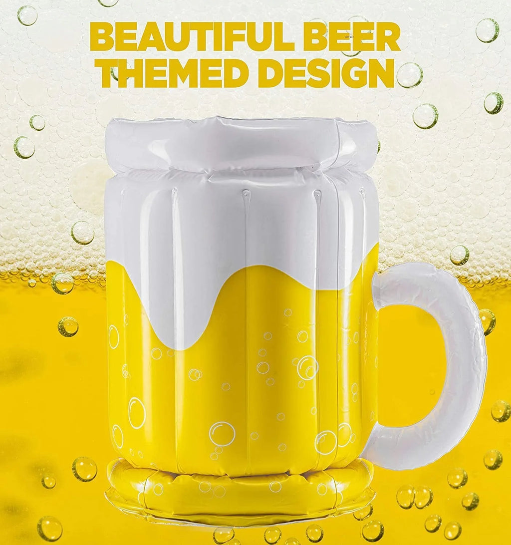 Large yellow inflatable beer mug cooler floating in a pool, showing its 44cm height and drink holders.