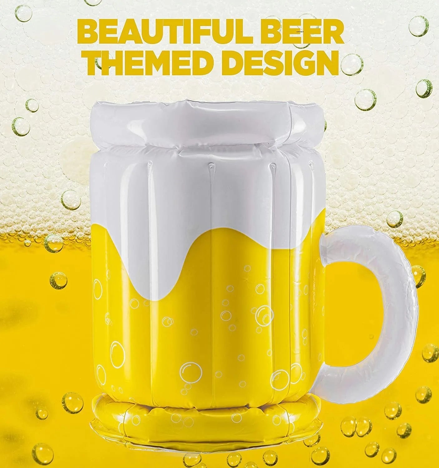 Large yellow inflatable beer mug cooler floating in a pool, showing its 44cm height and drink holders.