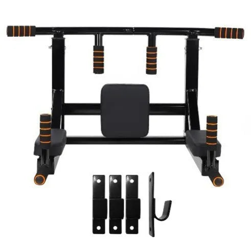 Matte black wall-mounted sandbag rack with integrated single parallel bars pull-up fitness equipment
